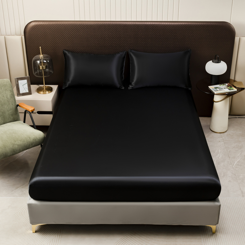 3Pcs Black Satin Fitted Sheet  - Silk Sheet Set avis et prix